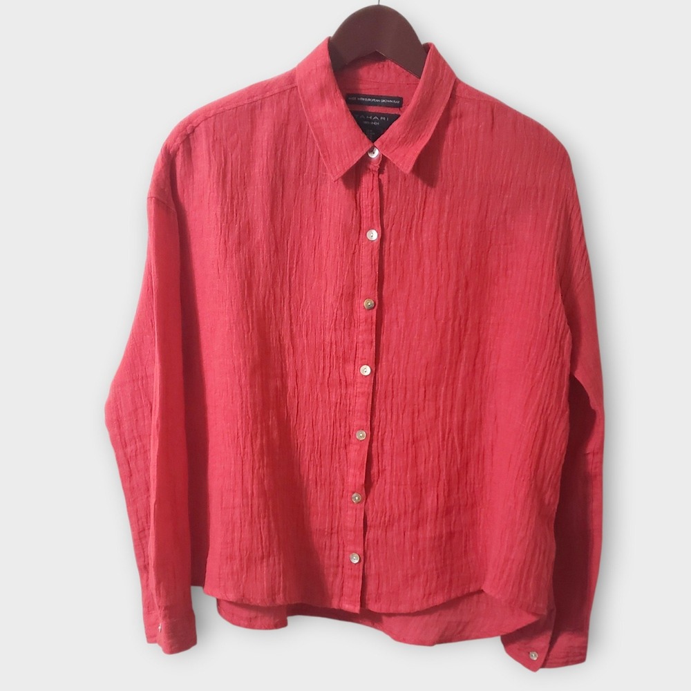 Tahari Crinkled European Flax 100% Linen Button Down Shirt Red Pink Medium